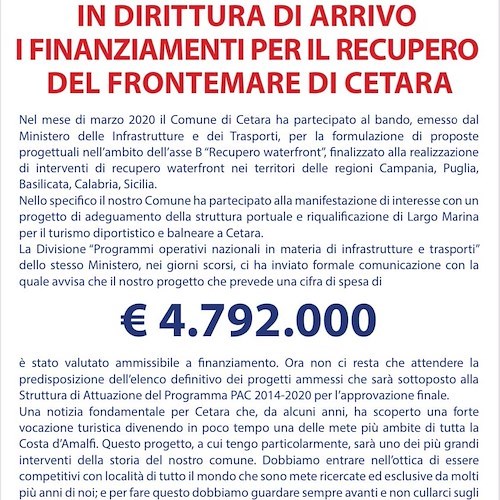 Cetara, dal Ministero delle Infrastrutture quasi 5 milioni per il recupero del frontemare di Largo Marina