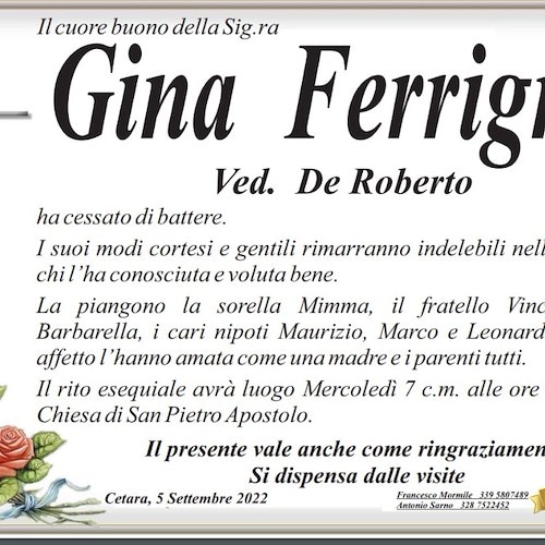 Cetara e Amalfi piangono la morte di Gina Ferrigno, vedova De Roberto