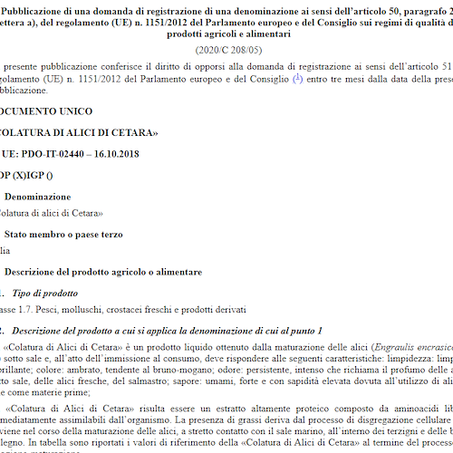 Colatura di Alici di Cetara sempre più vicina alla DOP, oggi la pubblicazione in Gazzetta dell'Unione Europea