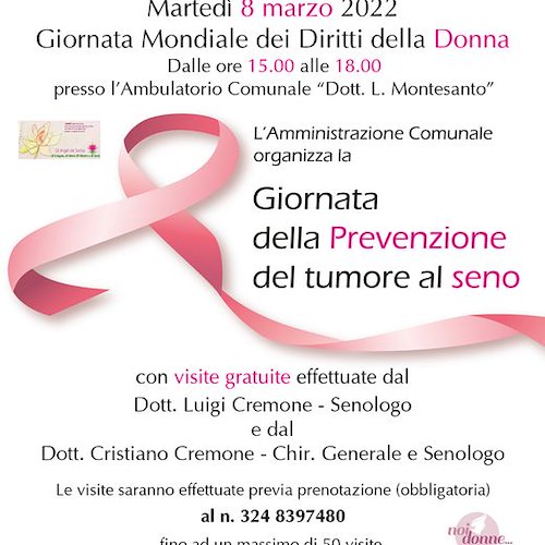 Prevenzione tumore seno, 8 marzo visite gratuite a Cetara: come prenotarsi 