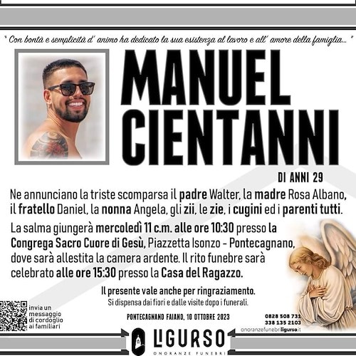 Secondo l’autopsia Manuel Cientanni sarebbe morto sul colpo: oggi i funerali a Pontecagnano
